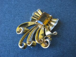 Vintage 40 ' s crystal & rhinestones bow with ribbons shape golden metal large pin 4