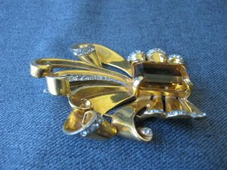 Vintage 40 ' s crystal & rhinestones bow with ribbons shape golden metal large pin 5