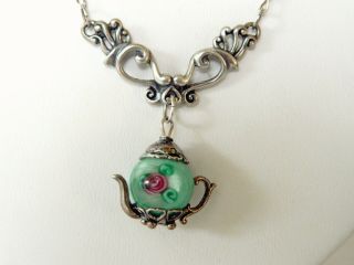 Vintage Sterling Silver Necklace " Teapot " Pendant Green Pink Roses Glass Bead