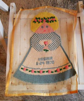 Vintage Completed Needlepoint Tapestry,  Needlework,  Doll? Pillow? Virginia 1978