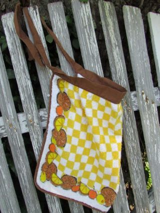 Vintage Womens Half Apron Yellow Brown Lemons Cherry Towel Handmade Cute Vtg
