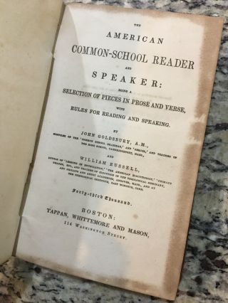 1844 AMERICAN Common - School READER & SPEAKER Goldsbury & Russell Leather Book 5