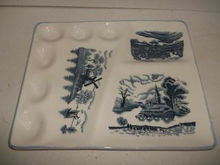 Vintage Blue White Castle Windmill Horse Carriage Deviled Egg Relish Plate Tray