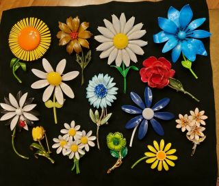 14 Vintage Retro Stemmed Flower Floral Bouquet Enamel Metal Pins Brooches