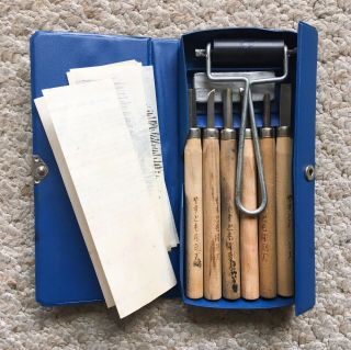 Vintage Yasutomo Wood Carving Knife Set W/ Ink Roller - Art Wood Engraving Tools