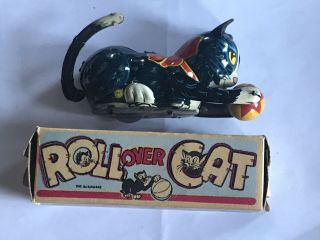 Vintage 1950’s Tin Windup Rollover Cat Marx - Mib - Boxed -