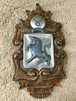 Vintage Taurus Ceramic Plaque Painted Wall Mount Zodiac Sign Bull Crest Shield