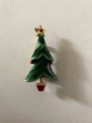 Vintage Signed Beatrix Gold Tone Ceramic Glazed Christmas Tree Pin Brooch