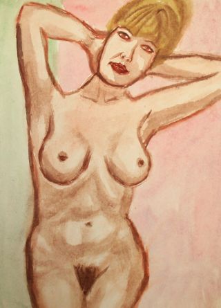 Vintage Expressionist Watercolor Painting Nude Woman Portrait