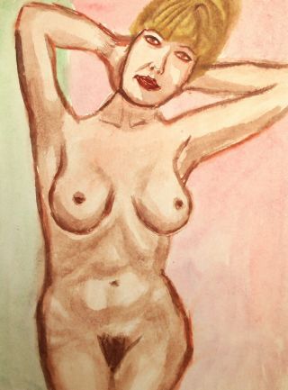 Vintage expressionist watercolor painting nude woman portrait 2