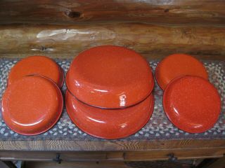 Vintage Set Of 6 Orange Black Speckled Enamelware Nesting Bowls