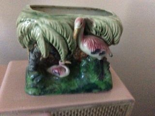 Pink Flamingo Vintage Planter Vase With A Palm Tree