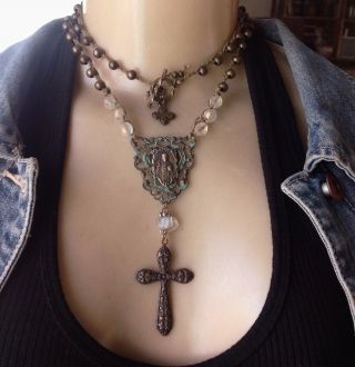 Vintage Artisan Necklace Religious Medal Pendant Long Hand Wrapped Brass Beads