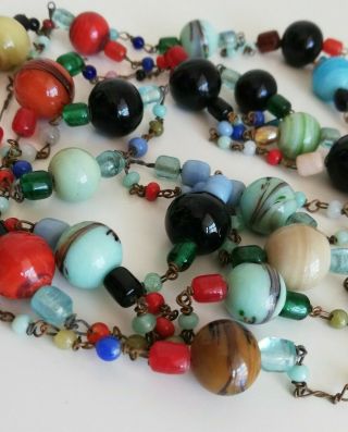 Long Colourful Old Vintage Glass Flapper Bead Necklace
