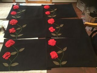 Mackenzie Childs Vintage Placemats Black Red Poppies Set Of 6