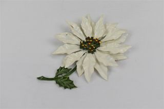 Vintage White Enamel Metal Poinsettia Christmas Brooch Pin Large Flower Leaves