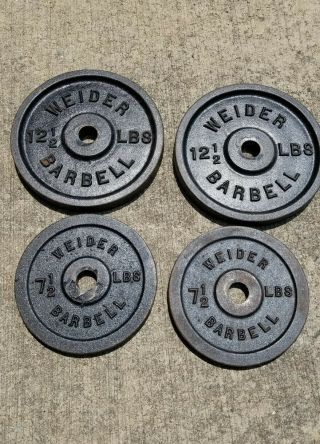 4 Vintage Weider Barbell Standard Weight Plates 12.  5 & 7.  5 Lbs (40 Lbs Total)