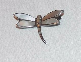 Art Deco Vintage 925 Silver/mother Of Pearl Dragonfly/insect Brooch