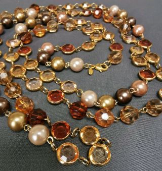 Very Long Vintage Bezel Set Open Back Glass Necklace Gold Tone Signed