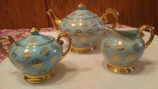 Vintage Acme Craftware Teapot Set Blue Gold Flowers Warranted 22 K Gold