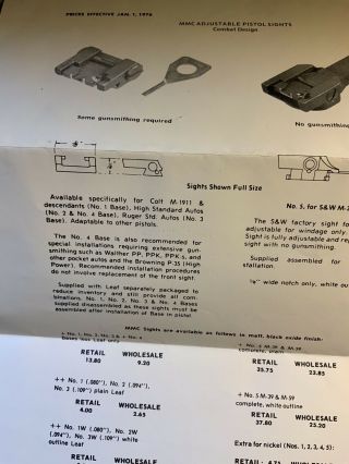 Miniature Machine Co.  MMC Adjustable Pistol Sights Price Sheet 1976 1970s Vtg 2