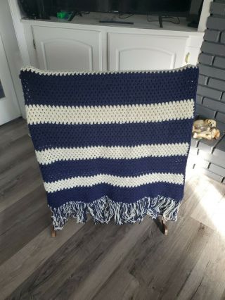 Vintage Hand Crochet Afghan Blanket Throw Handmade 80x54” Blue/ White Stripe