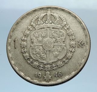 1946 Sweden King Gustav V Adolf 1 Krona Large Silver Swedish Vintage Coin I71615