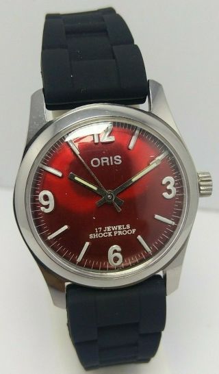 Swiss Made Vintage Oris Maroon Dial Hand Winding 17j Wrist Watch Men 