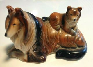 Vintage Collie Dog With Pup Large Figurine Ceramic Japan?