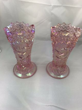 Two Vintage Pink Iridescent Whirling Star Sawtooth Rim Vases,  L.  E.  Smith