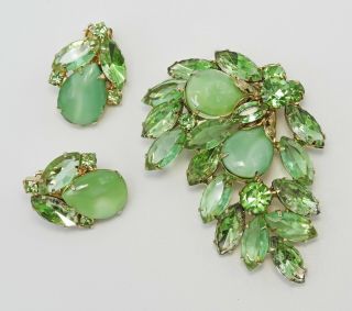 Vintage Green Rhinestone And Moon Glow Stone Brooch And Earring Set