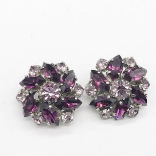 Vintage Ladies Costume Jewellery Amethyst Purple Glass Cluster Clip On Earrings