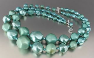 Vintage 50’s Chunky Multi 2 Strand Blue Plastic Pearl Bead Necklace Japan