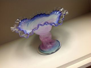 Vtg Hand Blown Art Glass Murano Style Pedestal Candy Dish Freeform Scallop Edge "