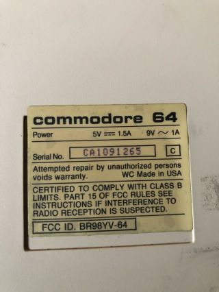 Commodore 64C Personal Computer W/original Power Supply 5