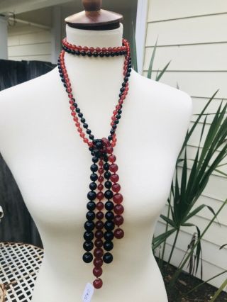 Vintage Kenneth Jay Lane Black & Faux Amber Beaded Lariat Necklace Nwt Flapper