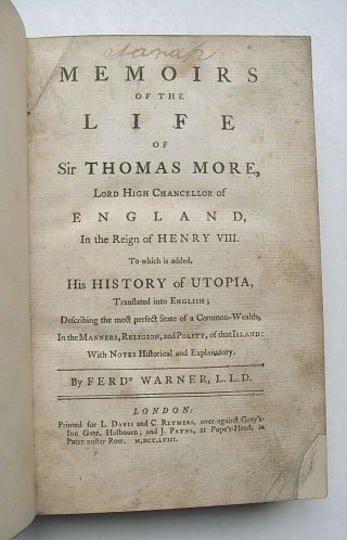 1758 Sir Thomas More UTOPIA Early Science Fiction Utopian Society FULL LEATHER 4