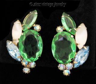 Vintage D&e Juliana Blue Ab Green Rhinestone Floral Fan Cluster Gold Earrings