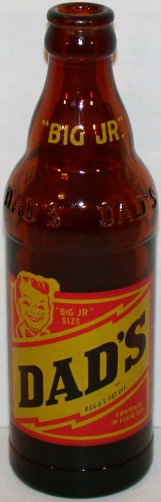 Vintage Soda Pop Bottle Dads Root Beer Big Jr Boy Amber Yellow Red Flat River Mo