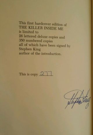 THE KILLER INSIDE ME by Jim Thompson signed by Stephen King,  Collectors Book 3