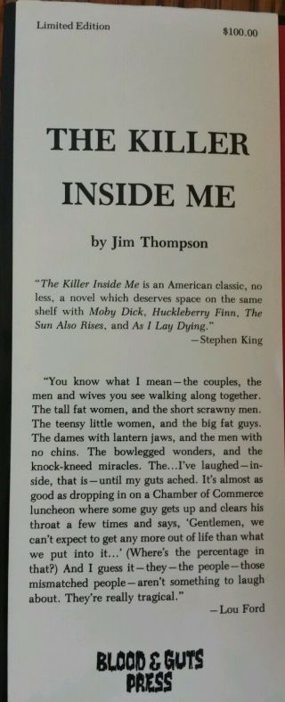 THE KILLER INSIDE ME by Jim Thompson signed by Stephen King,  Collectors Book 7
