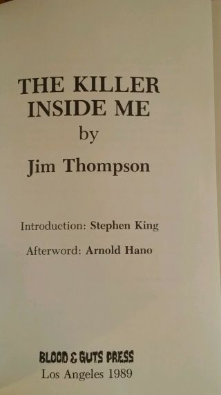 THE KILLER INSIDE ME by Jim Thompson signed by Stephen King,  Collectors Book 9