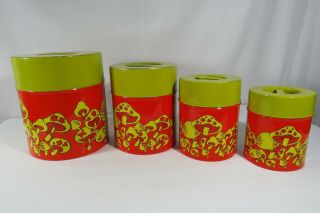 Vintage Tin Canister Set Of 4 Counter Point Kitchen Mushroom Cans Orange Yellow