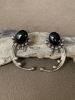 Vintage Modernist Sterling Silver Black Onyx Earrings