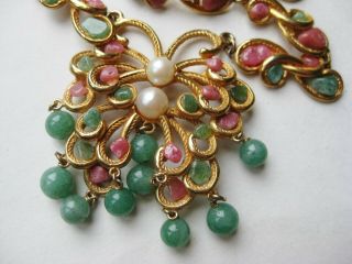 Vtg Swoboda Green Serpentine & Pink Stone Faux Pearl Designer Pendant Necklace