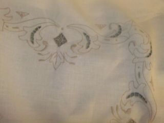 Tablecloth Vintage Lovely Ecru Linen With Embroidery & Cut Work.  76tc