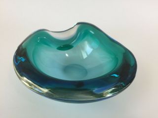 Vintage Murano Art Glass Sommerso Ashtray Bowl Teal Turquoise & Clear Glass
