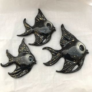 Vintage Cermaicraft Black And Gold Angel Fish Set Of 3 Bath Decor 1950 