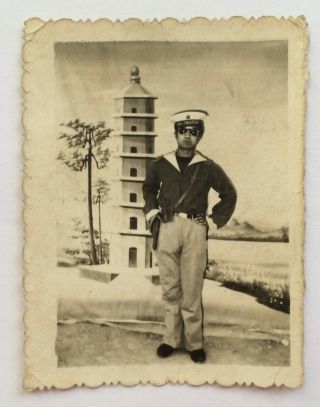 1950s China Pla Navy Soldier Sunglasses Pistol Vintage Chinese Studio Photo