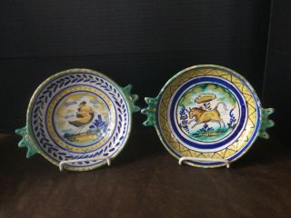 Pair Vintage Fancy Spanish Pottery Animal Hand Painted Bowls Spain
